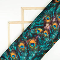 Teal Green And Fire Yellow Peacock Feather Pattern Digital Print Japan Satin Fabric - Fabcurate