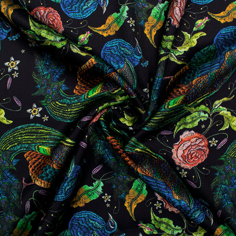 Black And Green Peacock Pattern Digital Print Japan Satin Fabric