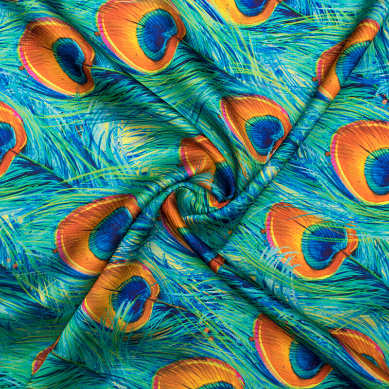 Turquoise And Squash Orange Peacock Feather Pattern Digital Print Japan Satin Fabric - Fabcurate