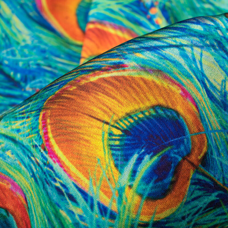 Turquoise And Squash Orange Peacock Feather Pattern Digital Print Japan Satin Fabric - Fabcurate