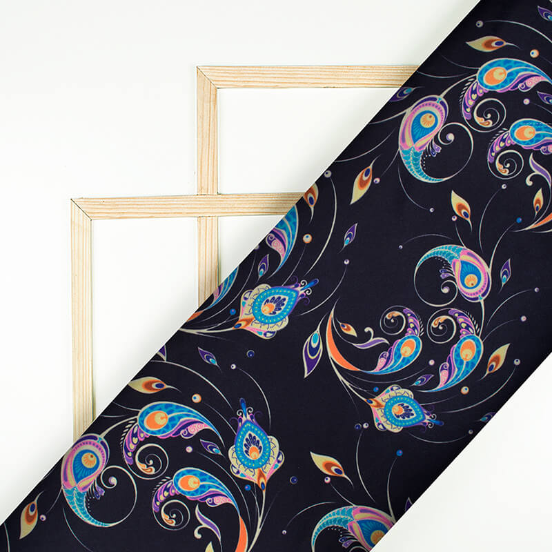 Black And Blue Peacock Feather Pattern Digital Print Japan Satin Fabric - Fabcurate