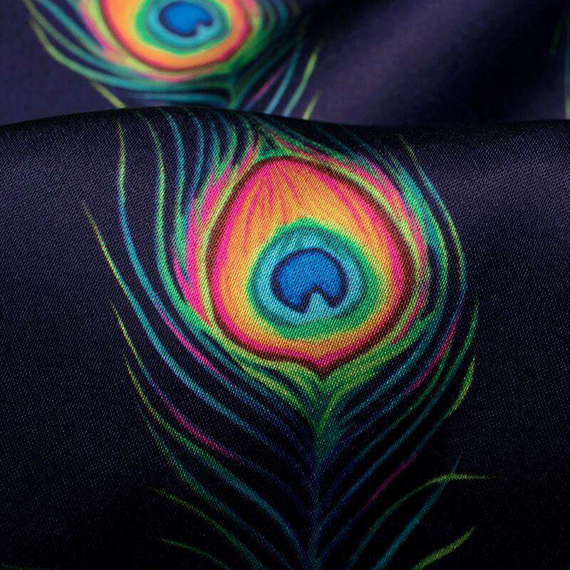Navy Blue And Pink Peacock Feather Pattern Digital Print Japan Satin Fabric - Fabcurate