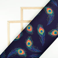 Navy Blue And Pink Peacock Feather Pattern Digital Print Japan Satin Fabric - Fabcurate