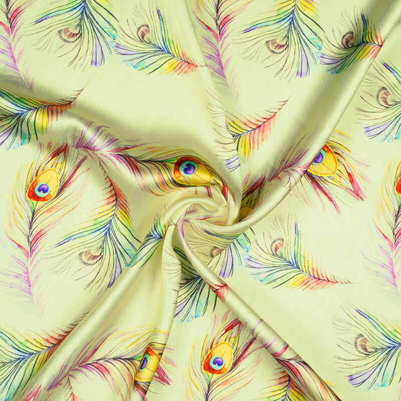 Banana Yellow And Purple Peacock Feather Pattern Digital Print Japan Satin Fabric - Fabcurate