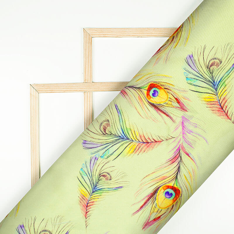 Banana Yellow And Purple Peacock Feather Pattern Digital Print Japan Satin Fabric - Fabcurate