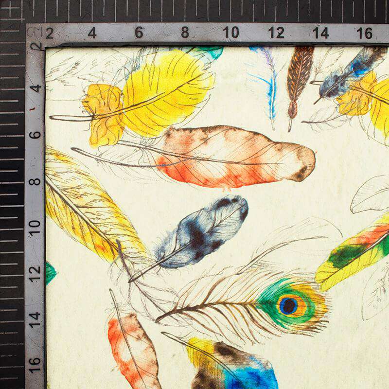 Cream And Multi-Color Peacock Feather Pattern Digital Print Japan Satin Fabric - Fabcurate