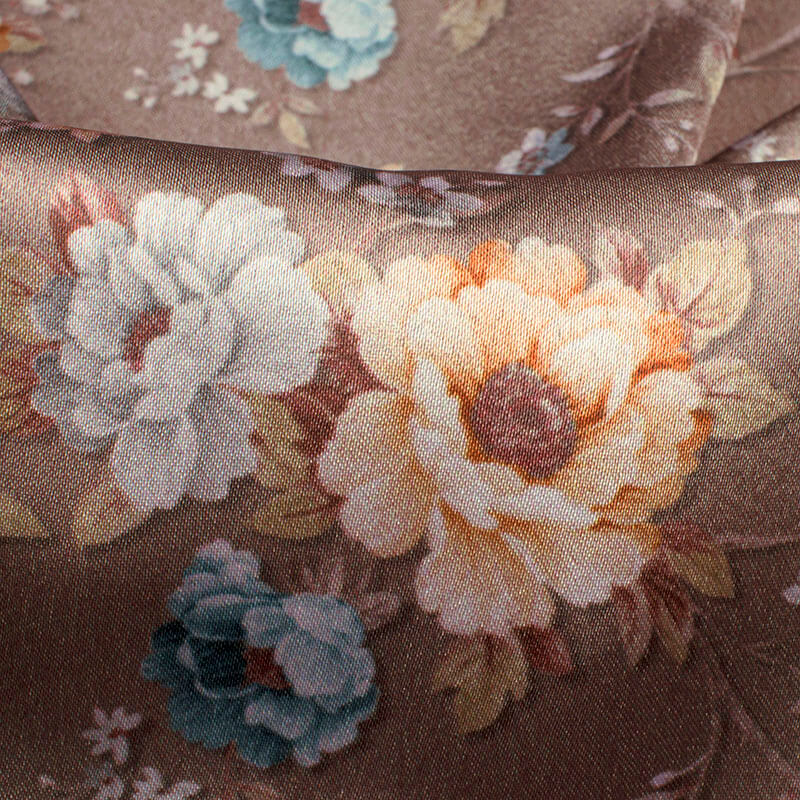 Light Coffee Brown And Light Orange Floral Pattern Digital Print Japan Satin Fabric - Fabcurate