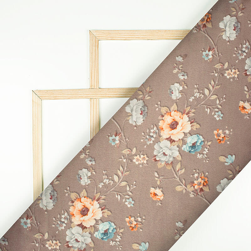 Light Coffee Brown And Light Orange Floral Pattern Digital Print Japan Satin Fabric - Fabcurate