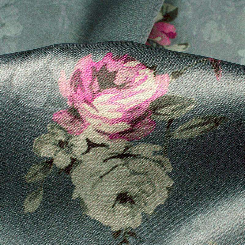 Lava Grey And Cream Floral Pattern Digital Print Japan Satin Fabric - Fabcurate