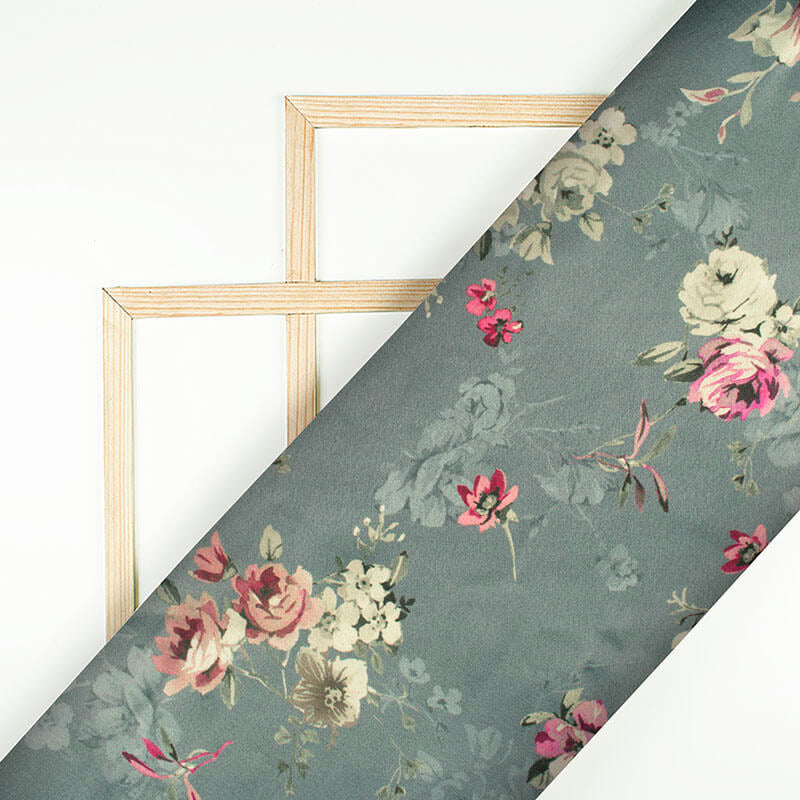 Lava Grey And Cream Floral Pattern Digital Print Japan Satin Fabric - Fabcurate