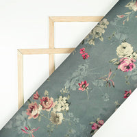 Lava Grey And Cream Floral Pattern Digital Print Japan Satin Fabric - Fabcurate