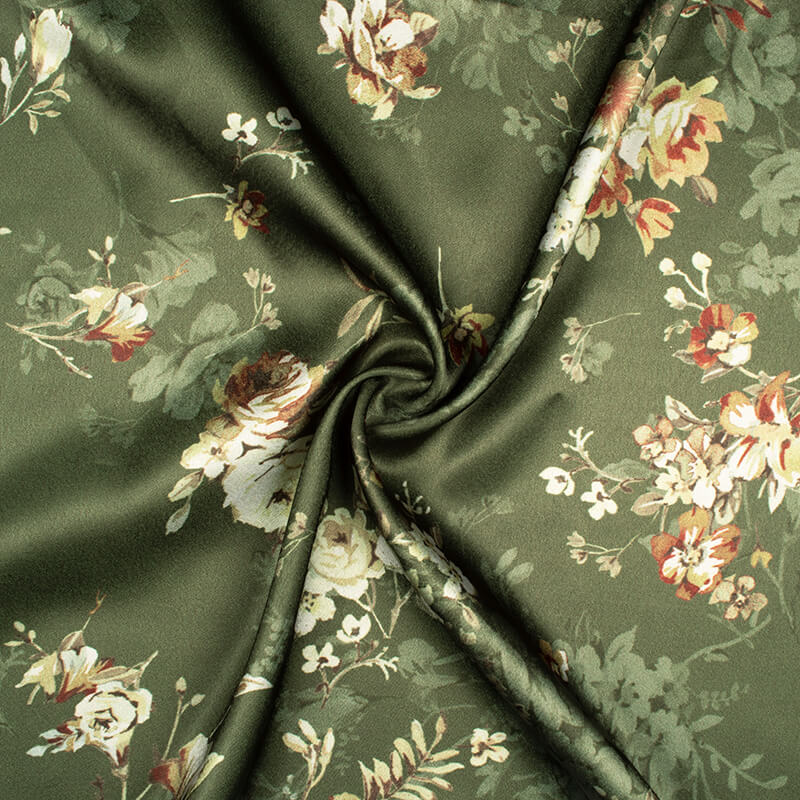 Pickle Green And Cream Floral Pattern Digital Print Japan Satin Fabric - Fabcurate