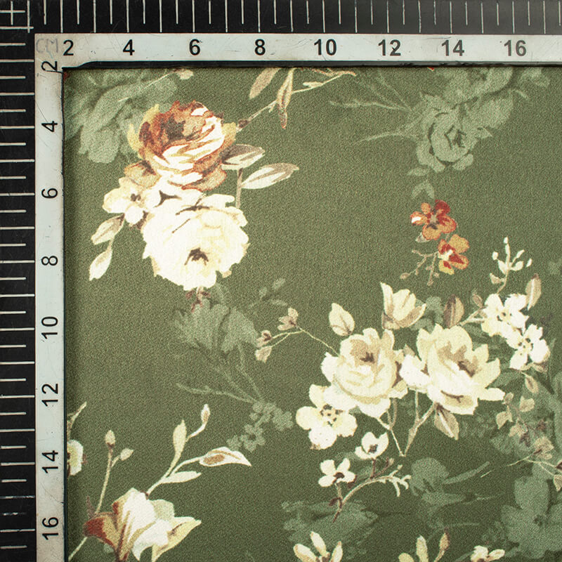 Pickle Green And Cream Floral Pattern Digital Print Japan Satin Fabric - Fabcurate