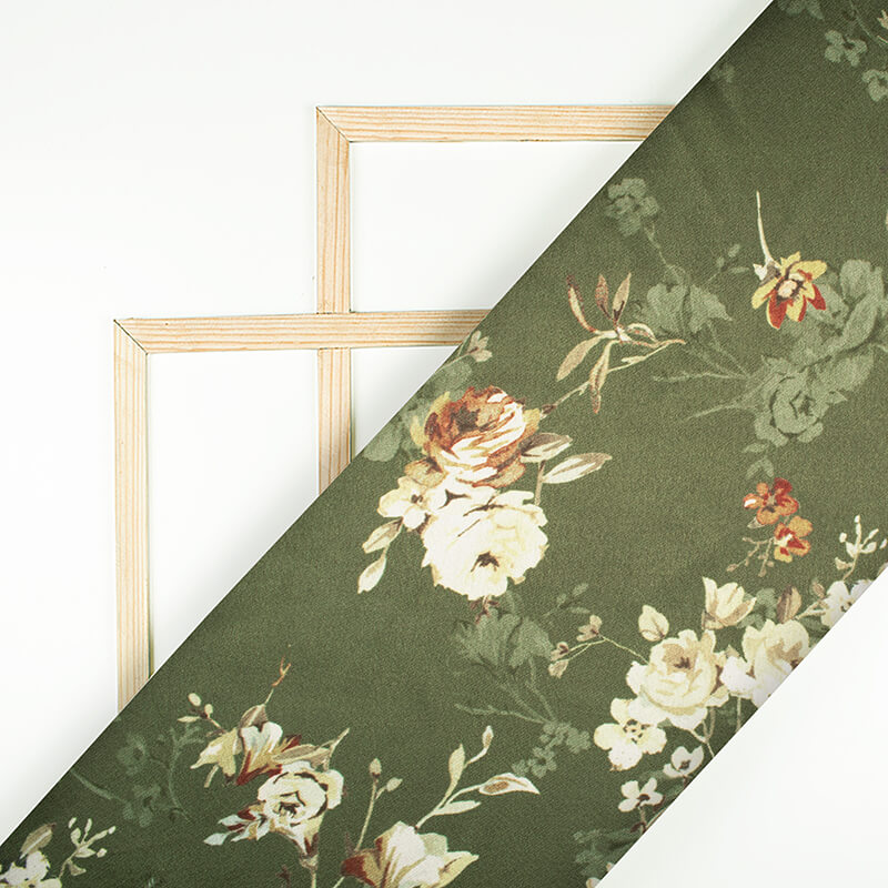 Pickle Green And Cream Floral Pattern Digital Print Japan Satin Fabric - Fabcurate
