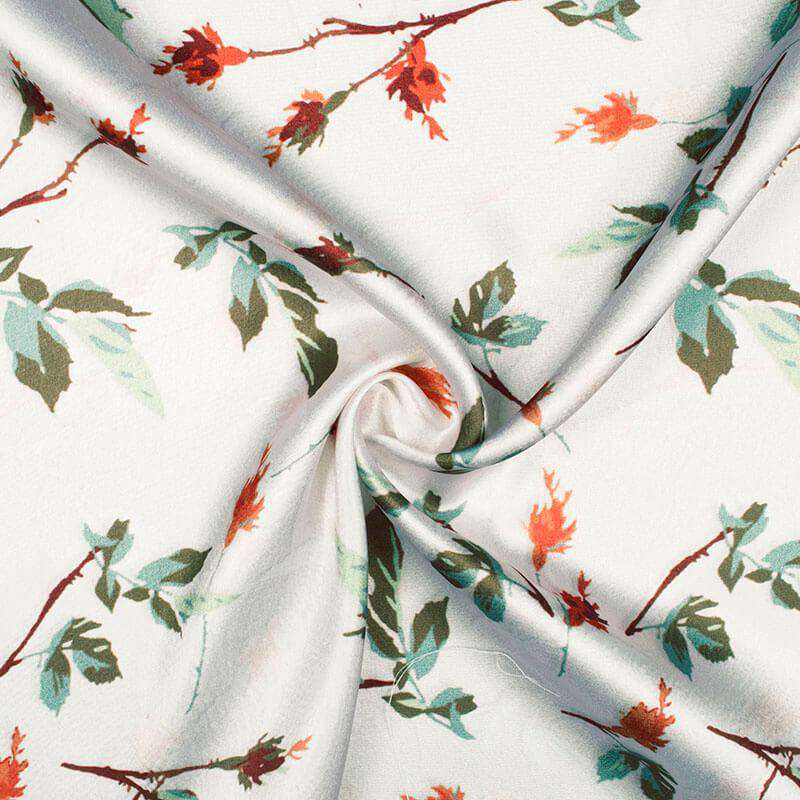 Frosting Cream And Army Green Floral Pattern Digital Print Japan Satin Fabric - Fabcurate