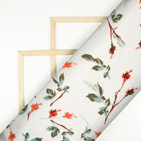 Frosting Cream And Army Green Floral Pattern Digital Print Japan Satin Fabric - Fabcurate