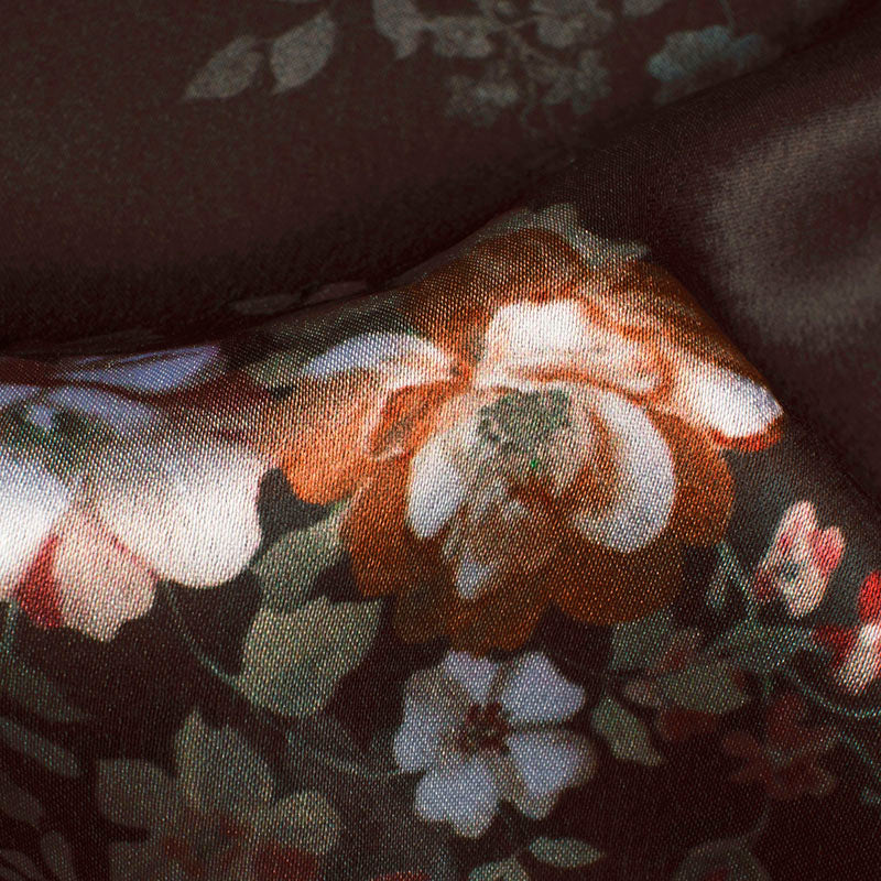 Dark Chocolate Brown And Peach Floral Pattern Digital Print Japan Satin Fabric - Fabcurate