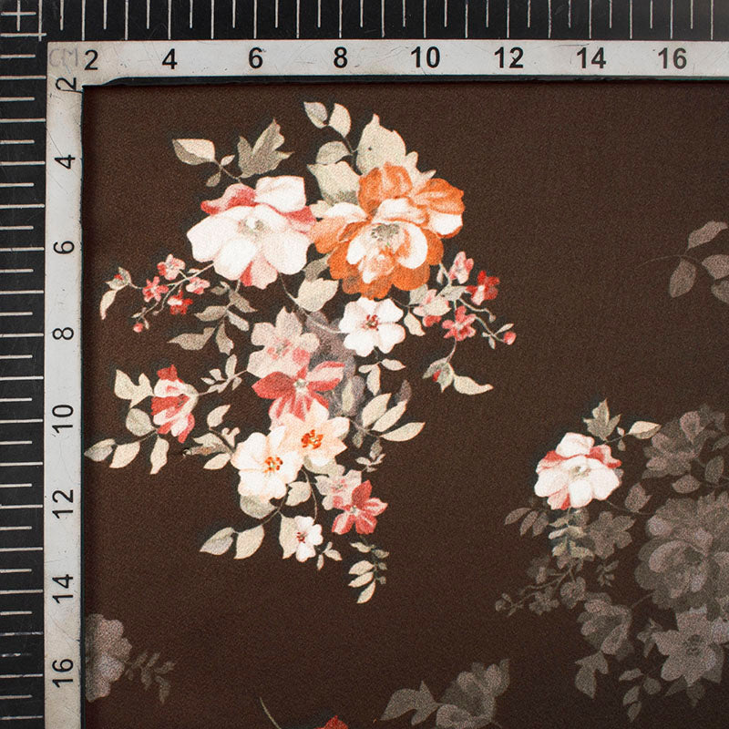 Dark Chocolate Brown And Peach Floral Pattern Digital Print Japan Satin Fabric - Fabcurate