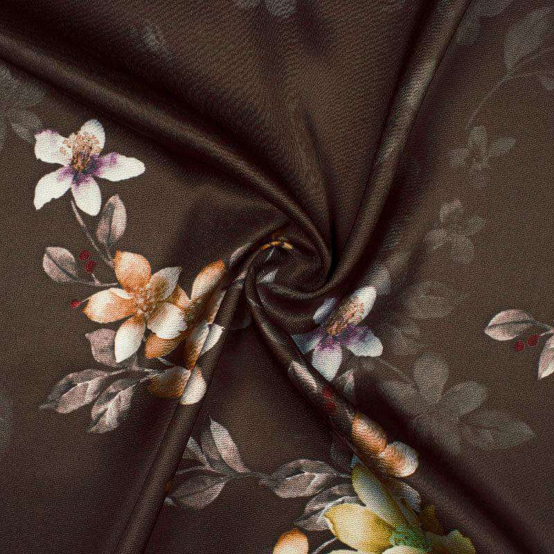 Chocolate Brown And Light Orange Floral Pattern Digital Print Japan Satin Fabric - Fabcurate
