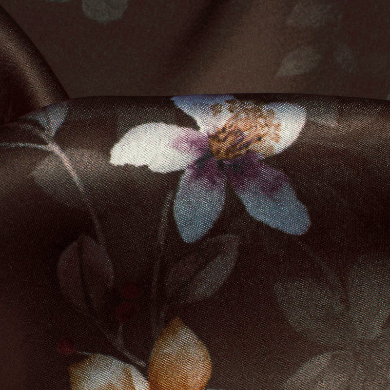 Chocolate Brown And Light Orange Floral Pattern Digital Print Japan Satin Fabric - Fabcurate