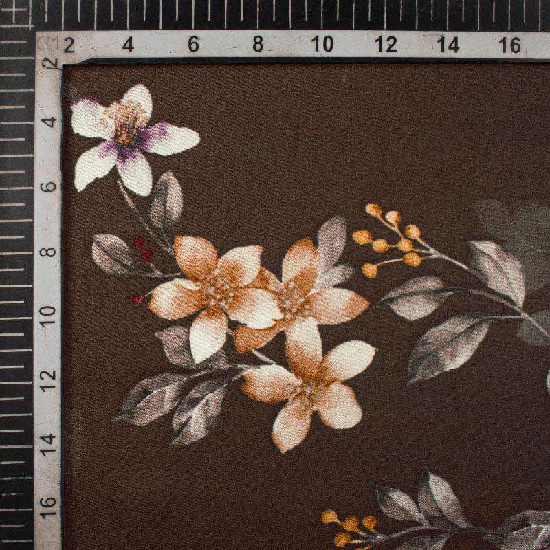 Chocolate Brown And Light Orange Floral Pattern Digital Print Japan Satin Fabric - Fabcurate