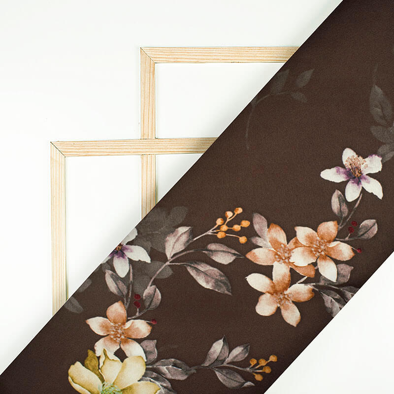 Chocolate Brown And Light Orange Floral Pattern Digital Print Japan Satin Fabric - Fabcurate