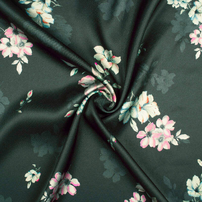 Dark Green And Baby Pink Floral Pattern Digital Print Japan Satin Fabric - Fabcurate