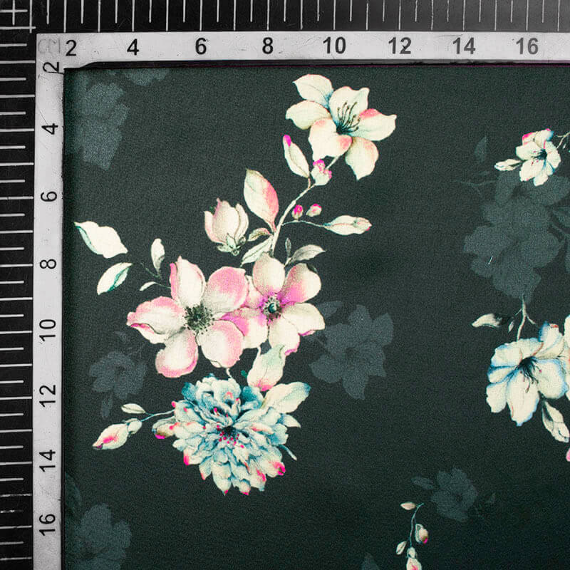 Dark Green And Baby Pink Floral Pattern Digital Print Japan Satin Fabric - Fabcurate