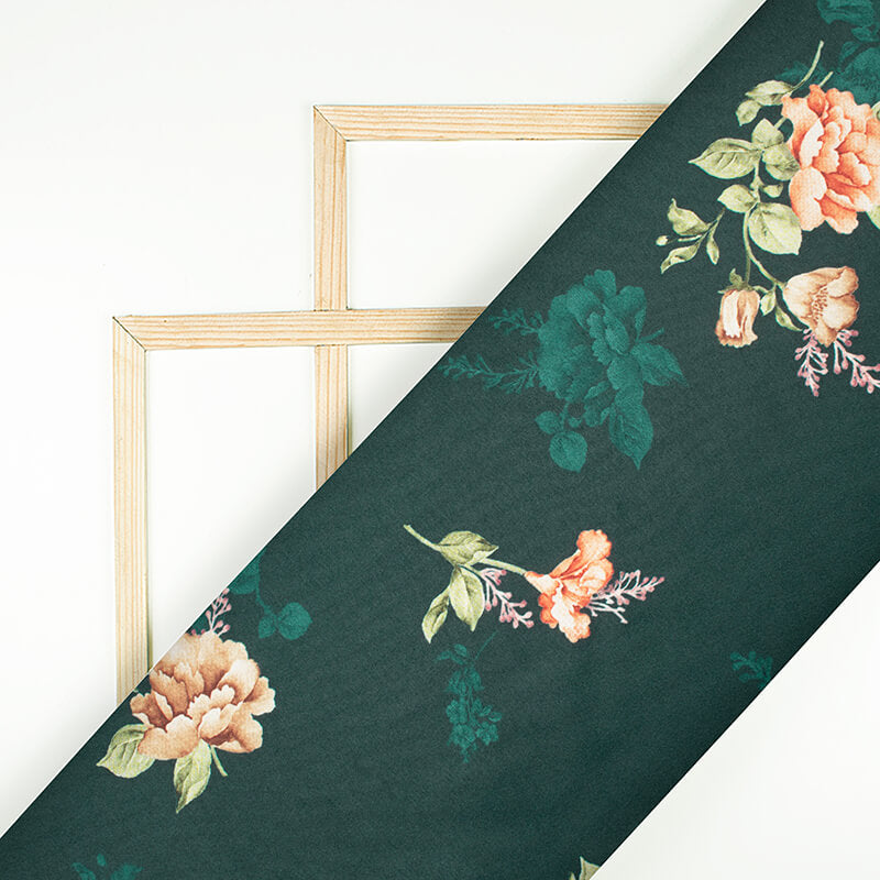 Dark Green And Peach Floral Pattern Digital Print Japan Satin Fabric - Fabcurate