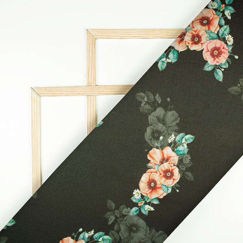 Dark Green And Peach Floral Pattern Digital Print Japan Satin Fabric - Fabcurate