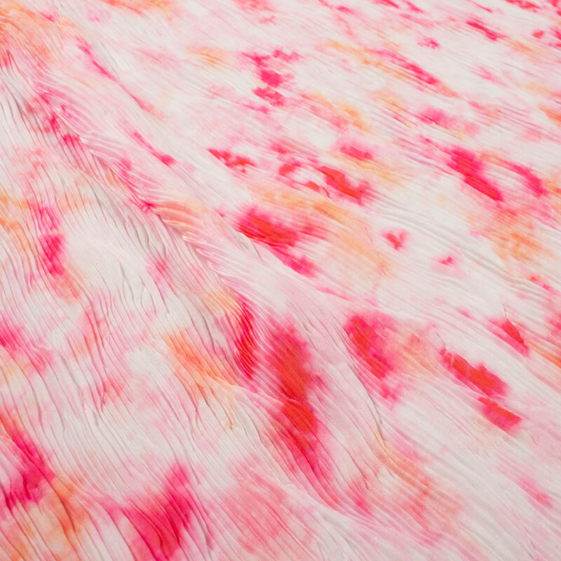 Baby Pink Tie & Dye Pattern Digital Print Georgette Satin Pleated Fabric - Fabcurate