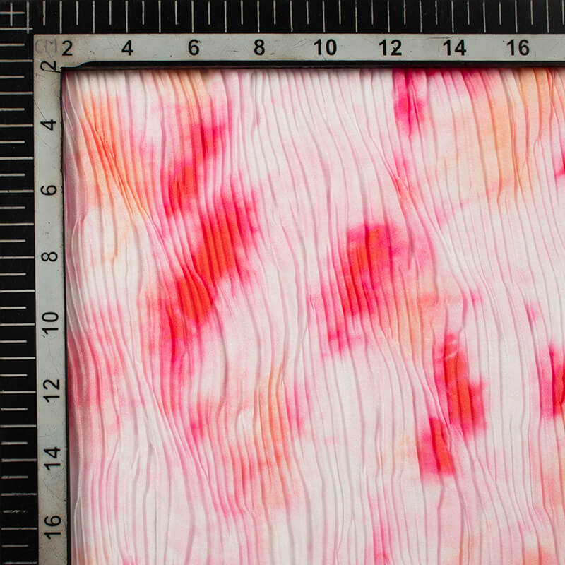 Baby Pink Tie & Dye Pattern Digital Print Georgette Satin Pleated Fabric - Fabcurate