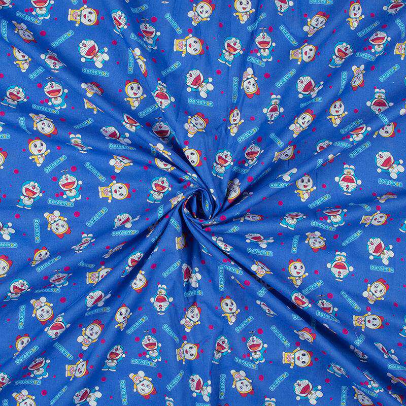 Sapphire Blue And Yellow Kids Pattern Digital Print Cotton Cambric Fabric - Fabcurate