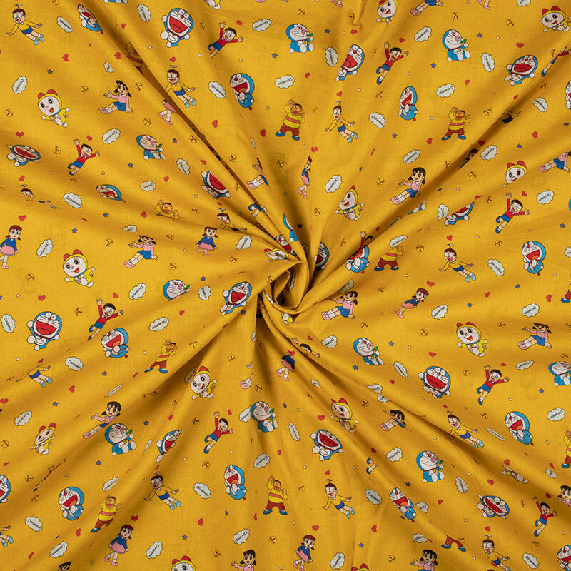 Marigold Yellow And Sky Blue Kids Pattern Digital Print Cotton Cambric Fabric - Fabcurate