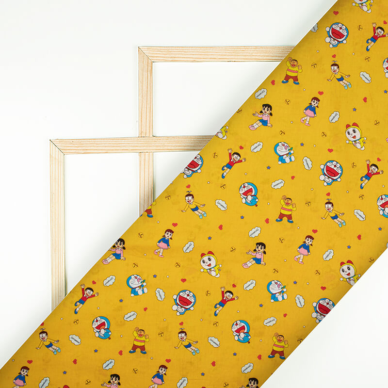 Marigold Yellow And Sky Blue Kids Pattern Digital Print Cotton Cambric Fabric - Fabcurate