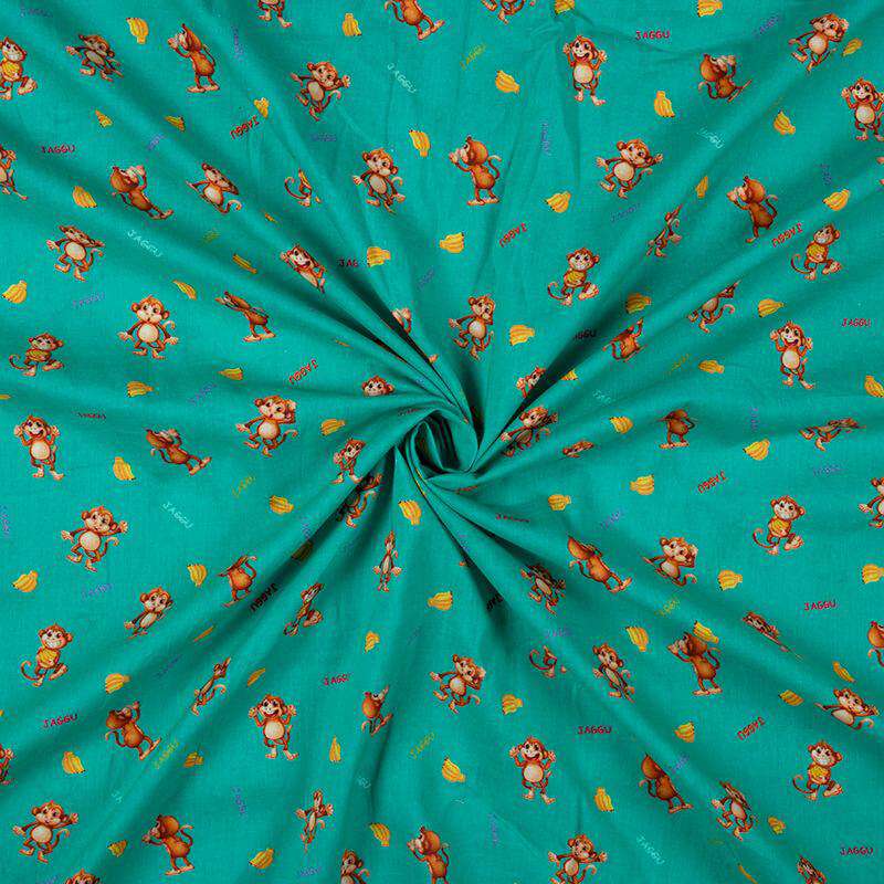 Aqua Blue And Brown Kids Pattern Digital Print Cotton Cambric Fabric - Fabcurate