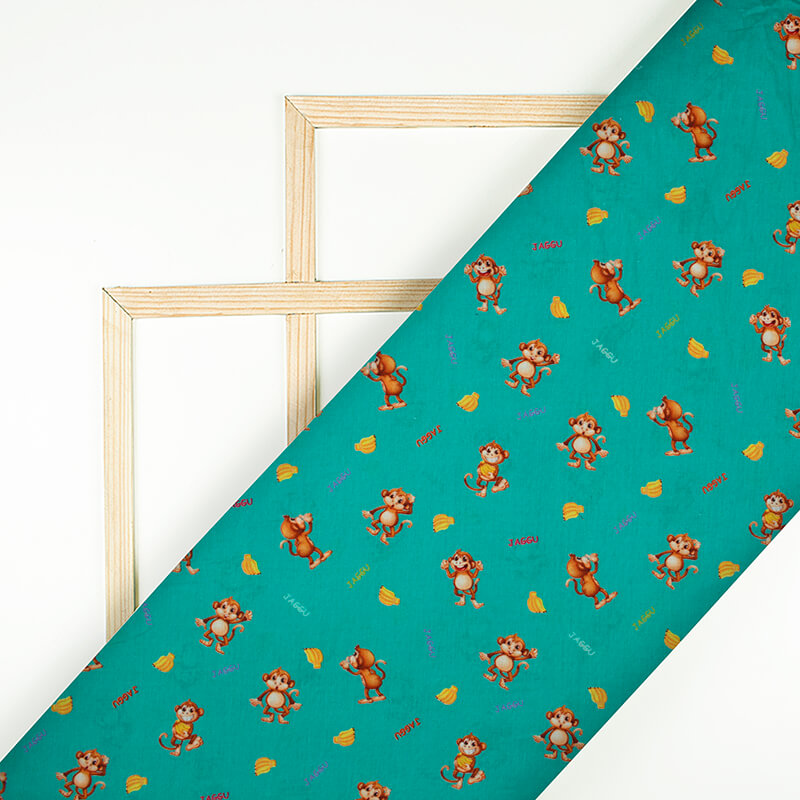 Aqua Blue And Brown Kids Pattern Digital Print Cotton Cambric Fabric - Fabcurate
