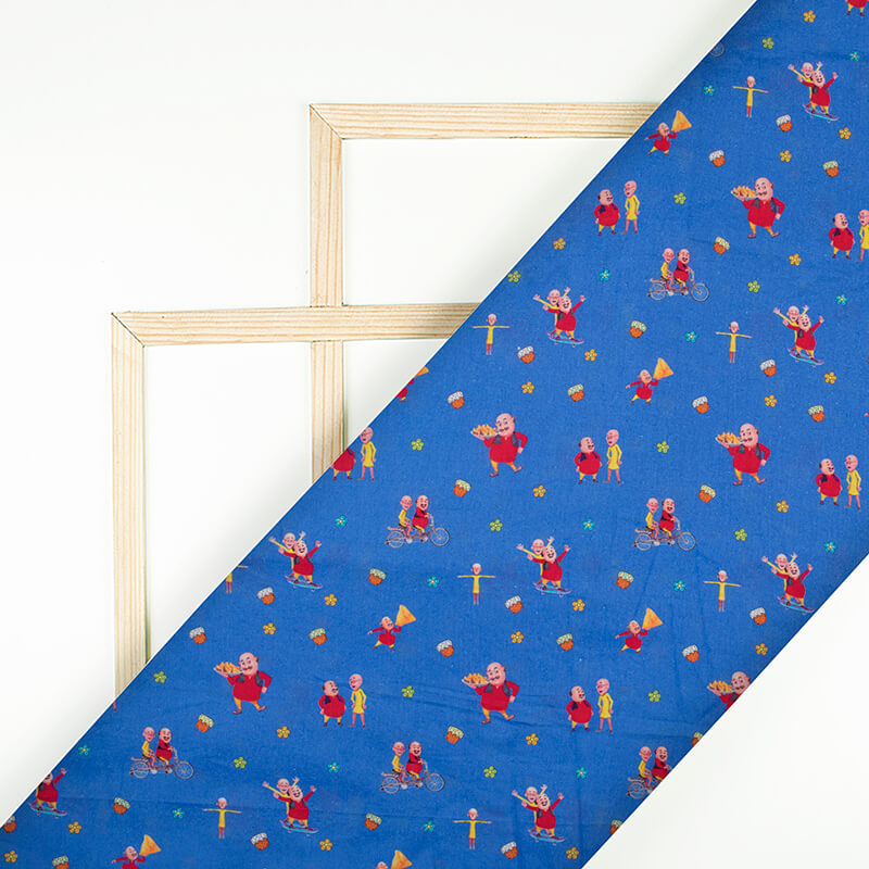 Sapphire Blue And Red Kids Pattern Digital Print Cotton Cambric Fabric - Fabcurate