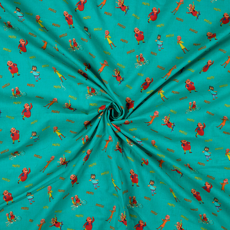 Aqua Blue And Red Kids Pattern Digital Print Cotton Cambric Fabric - Fabcurate