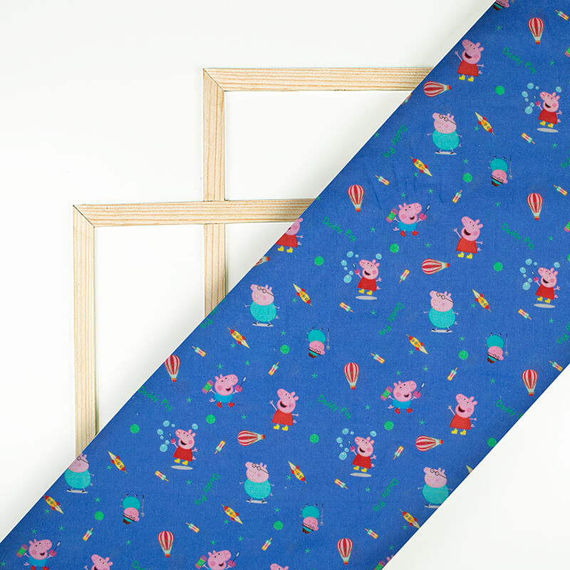 Sapphire Blue And Red Kids Pattern Digital Print Cotton Cambric Fabric - Fabcurate