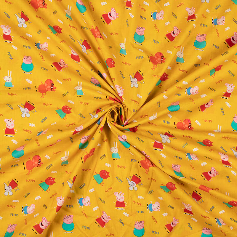 Marigold Yellow And Red Kids Pattern Digital Print Cotton Cambric Fabric - Fabcurate