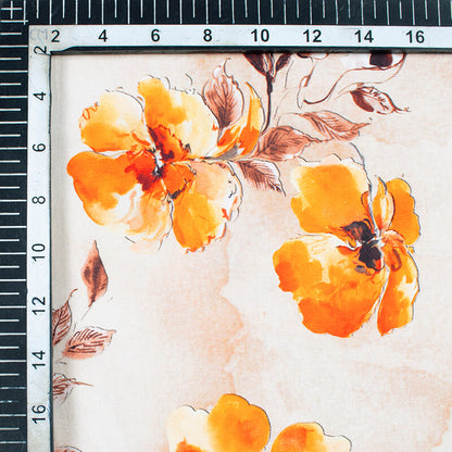 Beige And Orange Floral Pattern Digital Print Poplin Fabric - Fabcurate