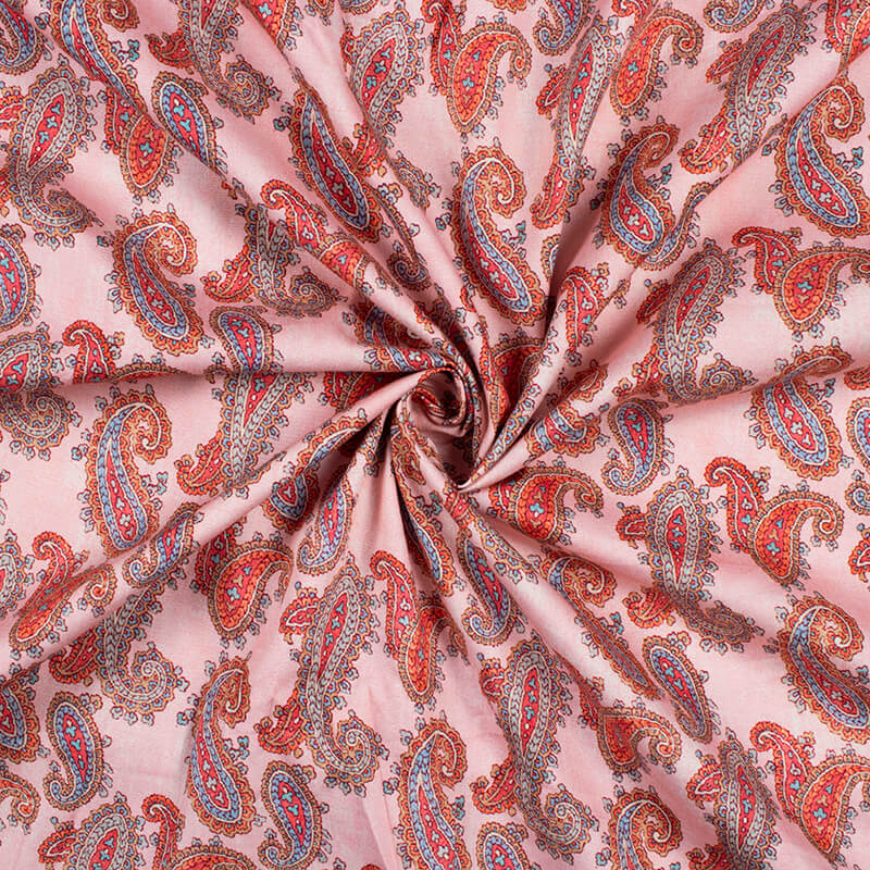 Rose Pink And Coral Peach Paisley Pattern Digital Print Poplin Fabric - Fabcurate
