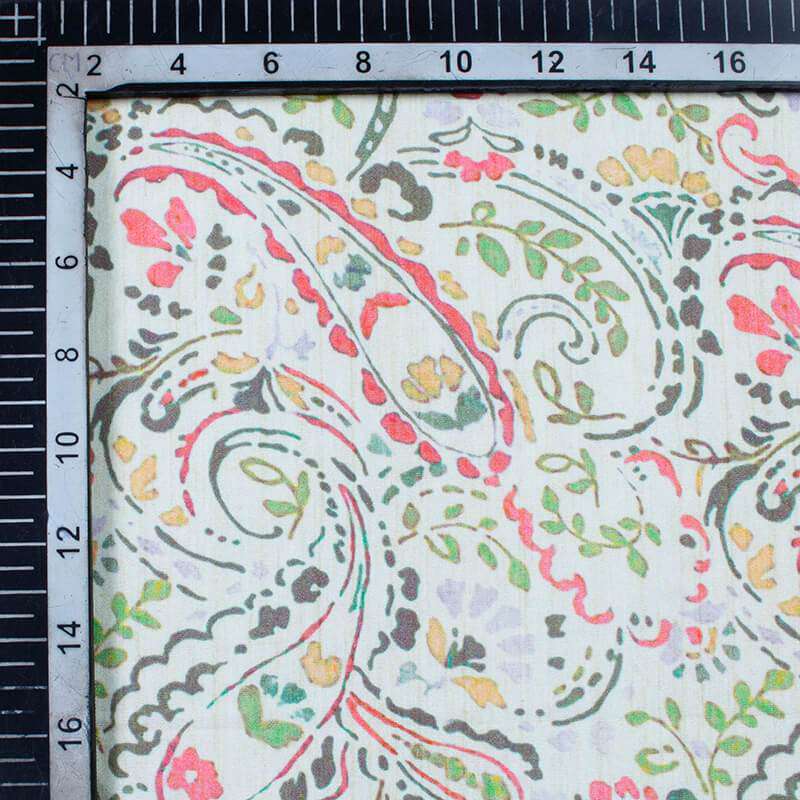 Delicate White And Pastel Green Paisley Pattern Digital Print Poplin Fabric - Fabcurate