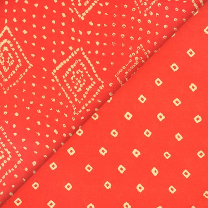 Fire Orange And Cream Bandhani Pattern Digital Print French Crepe Fabric - Fabcurate