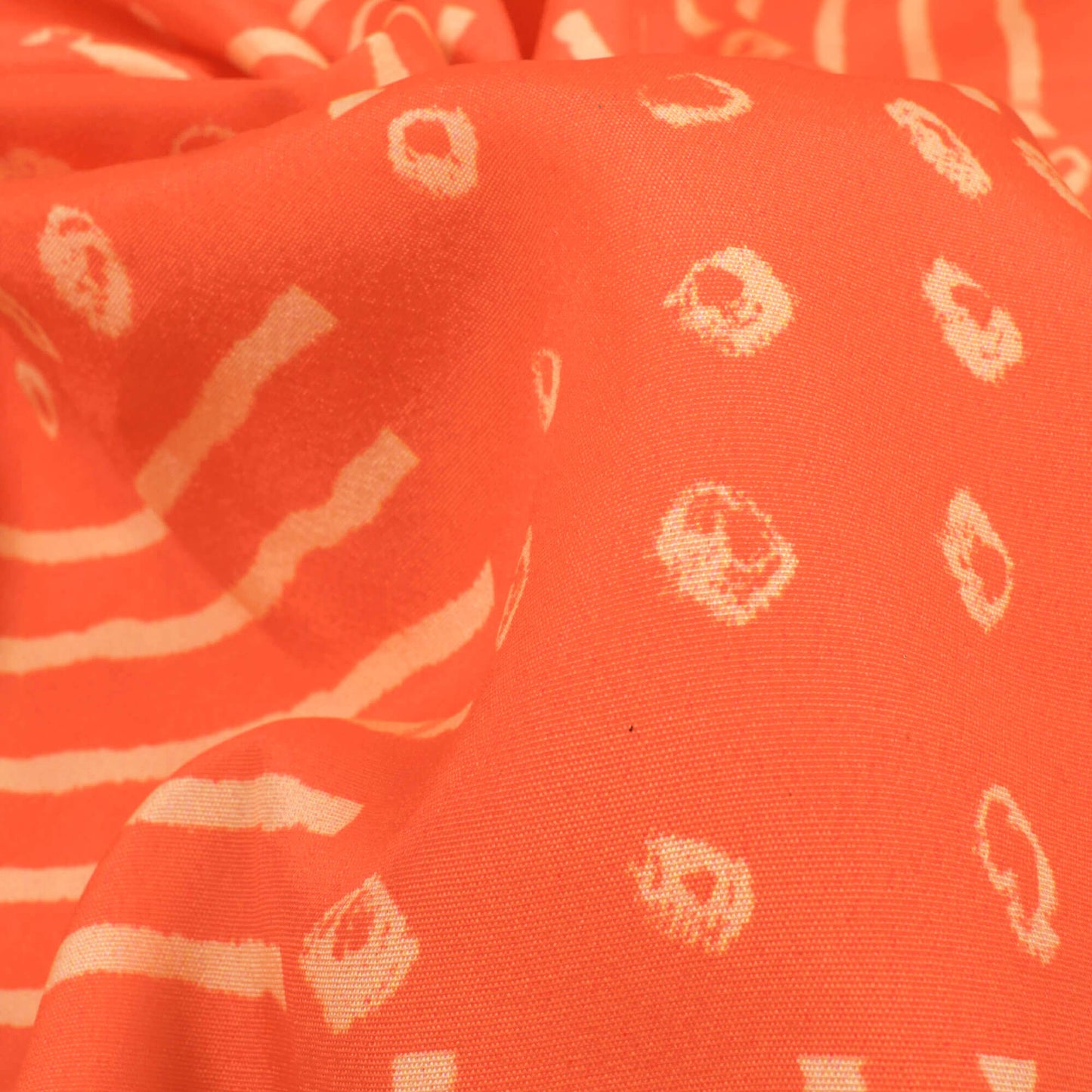 Orange And Cream Bandhani Pattern Digital Print Crepe Satin Fabric