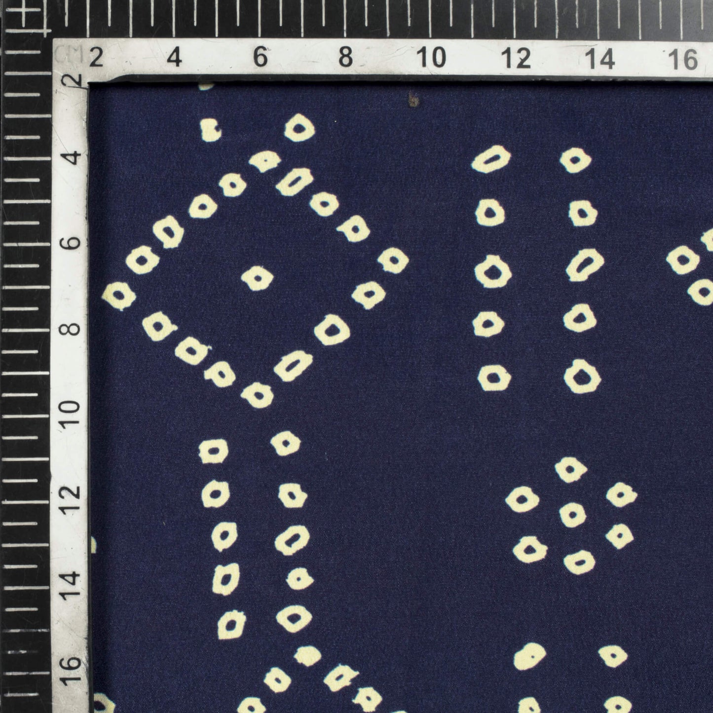 Navy Blue And Cream Bandhani Pattern Digital Print Crepe Satin Fabric