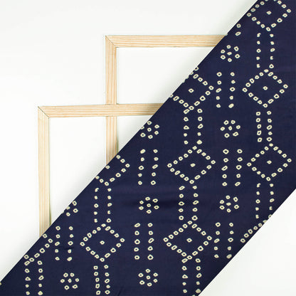 Navy Blue And Cream Bandhanii Pattern Digital Print Crepe Satin Fabric