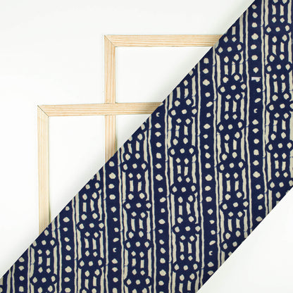 Navy Blue And Cream Stripes Pattern Digital Print French Crepe Fabric - Fabcurate