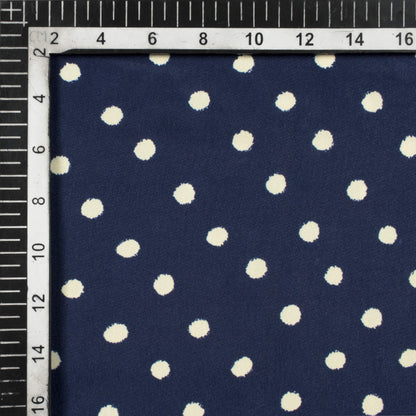 Navy Blue And Cream Polka Dots Pattern Digital Print French Crepe Fabric - Fabcurate